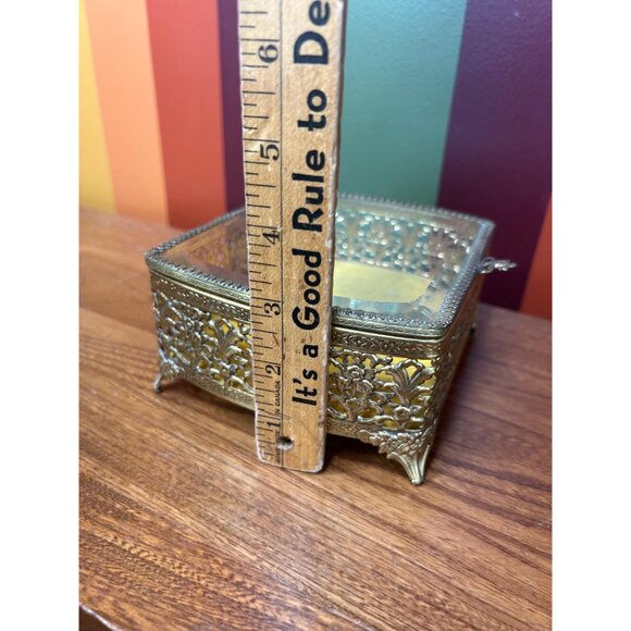Vintage brass and glass mirrored jewellery box catch all mini Hollywood regency - Picture 8 of 9